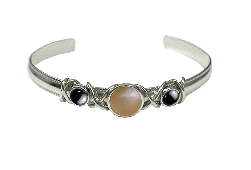 Sterling Silver Hand Made Cuff Bracelet With Peach Moonstone And Hematite